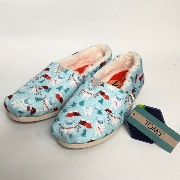 NEW Toms Women's Alpargata Clearwater Blue Snow Yeti Holiday Print Faux Fur - Picture 1 of 6